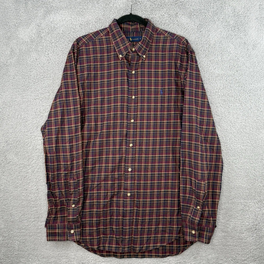 Ralph Lauren Men's Casual Button Down Red Plaid Check Shirt Large Logo EUC